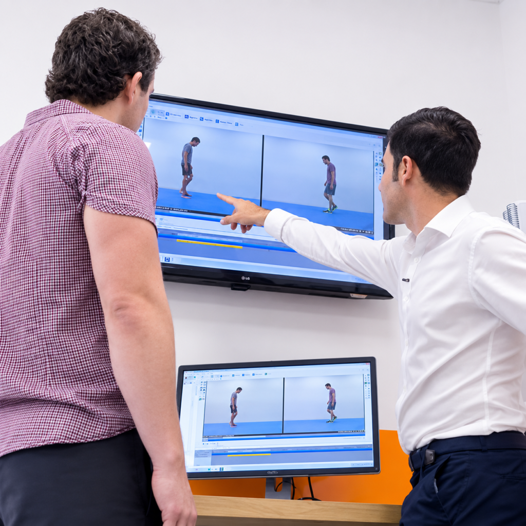 Orthotist Sam reviews side-by-side gait analysis footage with a patient on two clinical monitors.